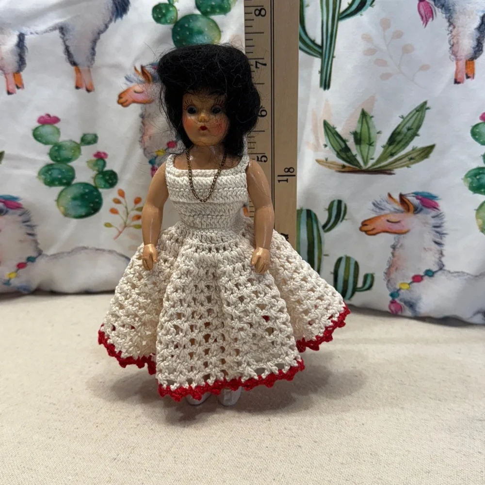 Vintage Doll with Cream Dress and Red Trim